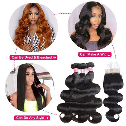 Body Wave Human Hair 3 Bundles With 4x4 Lace Closure 10A Brazilian Hair Weave - KimWig