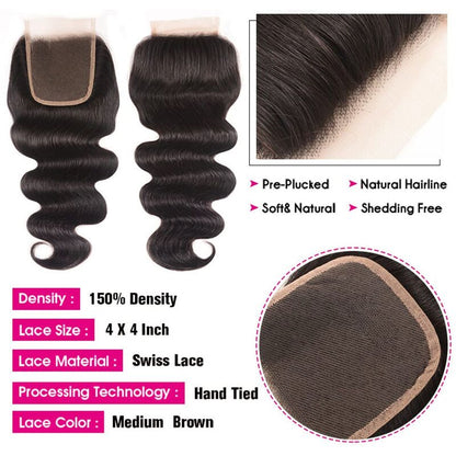 Body Wave Human Hair 3 Bundles With 4x4 Lace Closure 10A Brazilian Hair Weave - KimWig