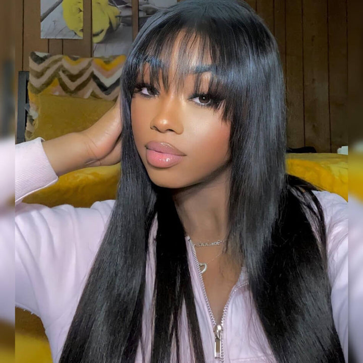 Bone Straight Human Hair Wigs with Bangs 13x4 Glueless Straight Lace Front Wig Pre Blucked - KimWig.com