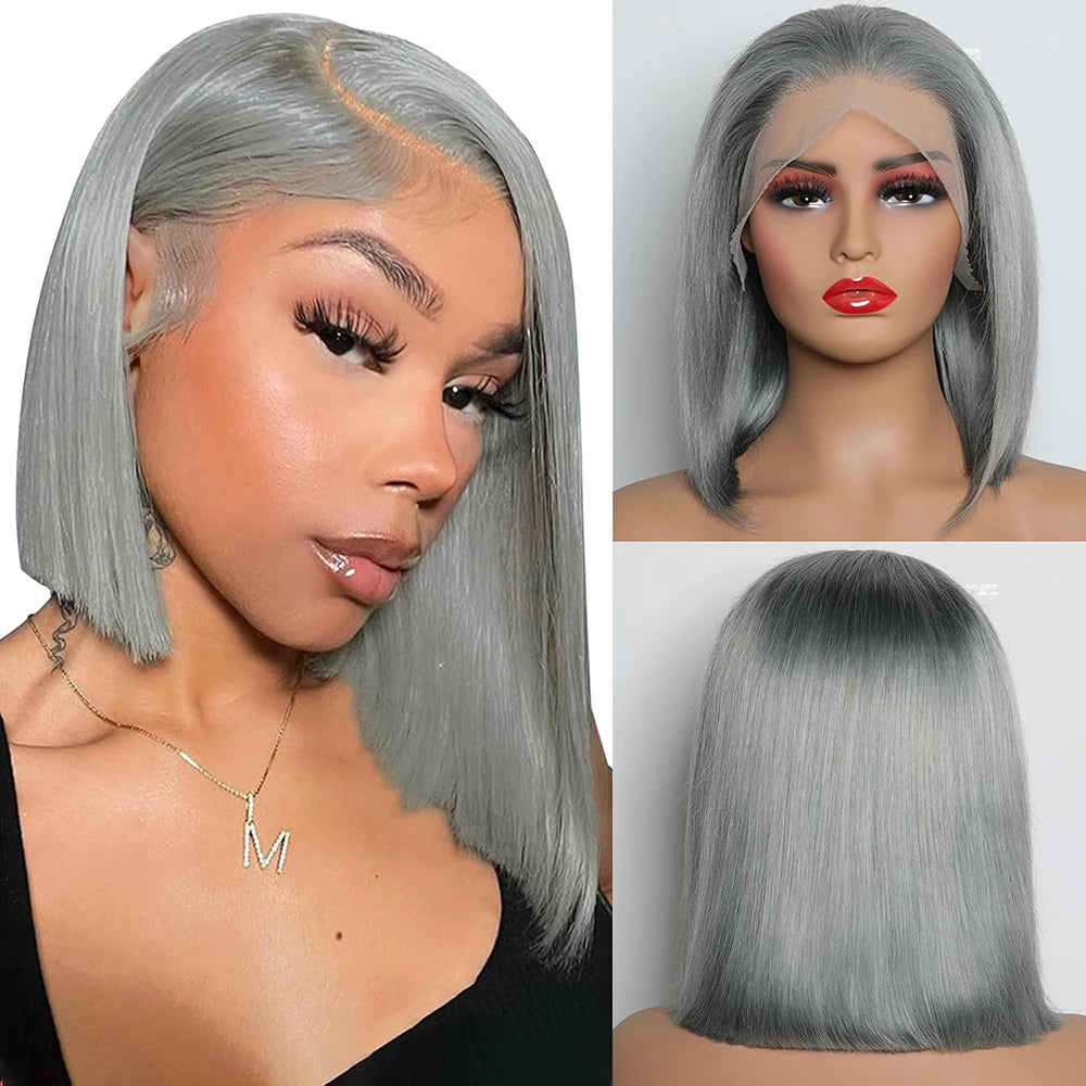 Grey Bob Wig 13x4 Lace Front Human Hair Wigs, Silver Bob Wig | KimWig.com