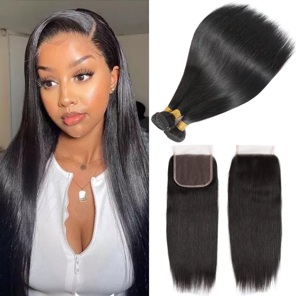 Silk Straight Human Hair 3 Bundles With 4*4 Lace Closure Brazilian Hair Weave Extensions